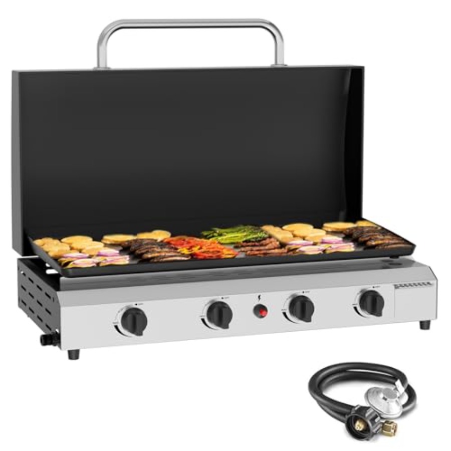Electric Griddle Flat Top - 4 Burner Gas Griddle with Lid-